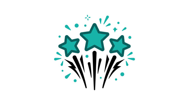 Three teal stars with sparkling fireworks burst icon. Achievement, success, premium quality, and celebration concept vector illustration.