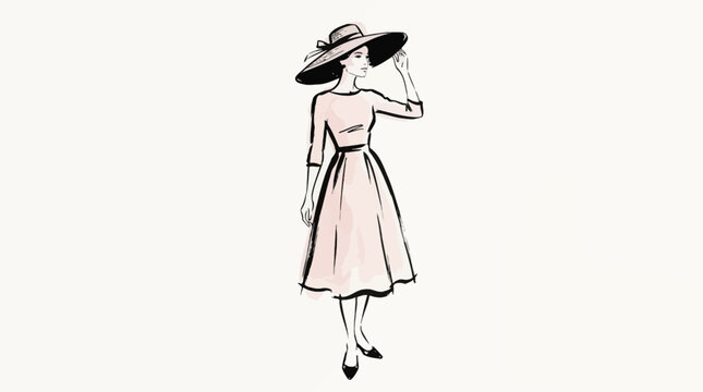 Elegant vintage fashion illustration of a woman in a wide-brimmed hat and classic dress, stylish retro sketch.