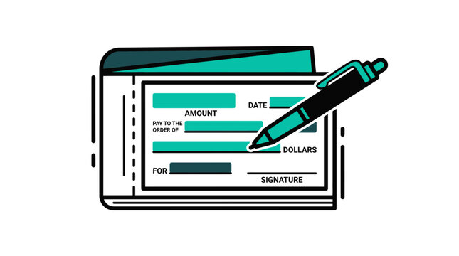 Financial payment concept: Checkbook and pen illustration. Hand filling out or signing a blank check for a banking transaction.