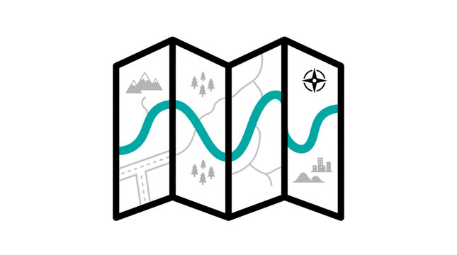 Stylized folded map vector icon with a winding path, compass, and abstract landscape elements for journey and discovery