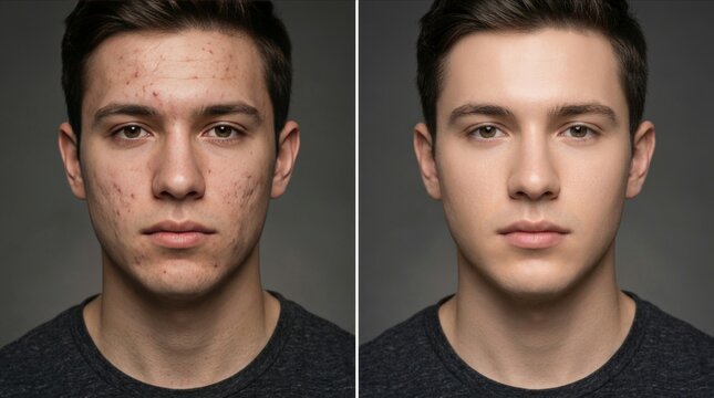 Before and after acne skin treatment split screen comparison of young man face clear smooth skin result