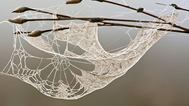 prey. An intricate spider web glistening with dew between branches. wildlife magazines, conservation campaigns, designed for nature documentaries and education, promotes animal welfare.
