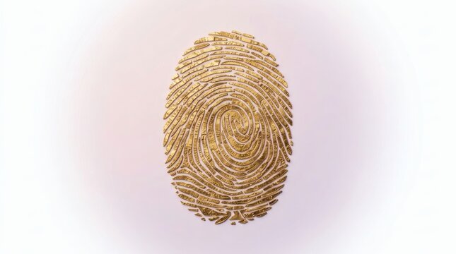 Golden fingerprint on white background, metallic biometric thumbprint icon, luxury security and identity concept