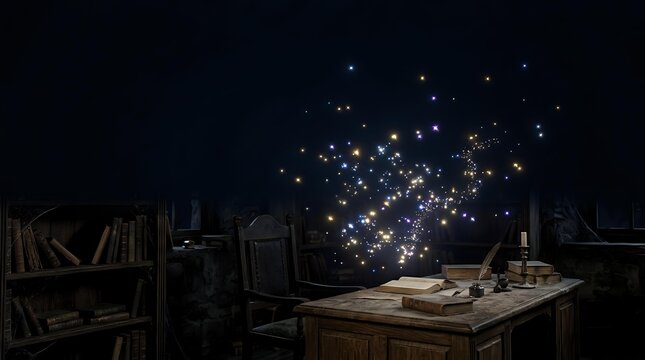 Glowing magical particles burst from laptop screen over wooden desk