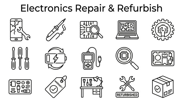 A set of fifteen blackline icons depicting electronics repair and refurbishment tools and symbols on a white background