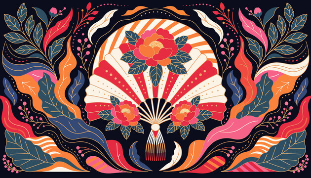 Japanese Fan Floral Motif - Vibrant Oriental Art with Exotic Flowers and Leaves on Dark Background