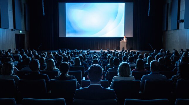 Large audience watches speaker on stage with bright blue screen in dark conference hall.