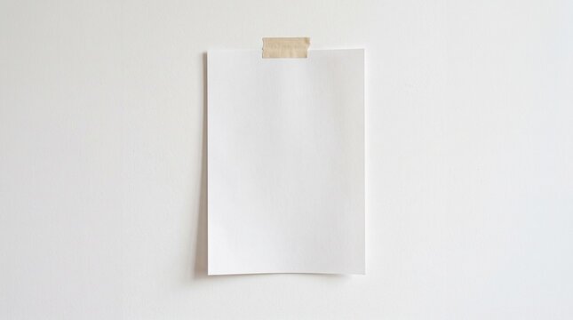 Single blank white paper sheet taped to clean wall, simple elegant background for text.