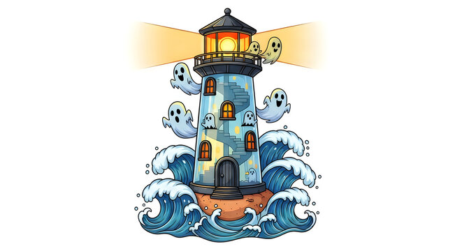 Spooky haunted lighthouse illustration with ghosts and crashing ocean waves for hallowen holiday decor