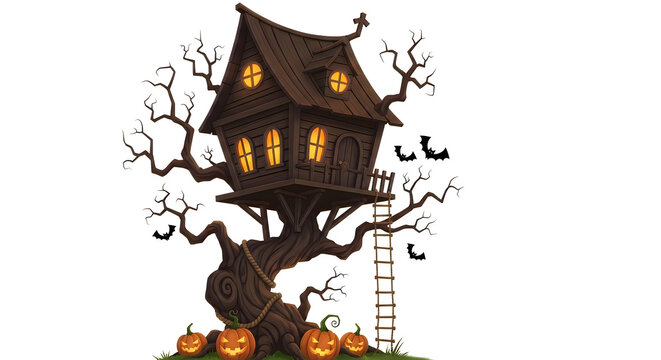 Spooky haunted treehouse with glowing windows for a fun and festive hallowen celebration design