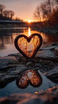 Heart shaped object sitting on a rock by the water love background