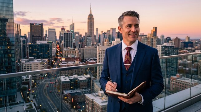 Successful businessman against the cityscape