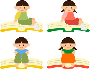 Cute children sitting on giant open books vector illustration set, cute boy and girl reading concept