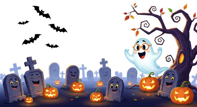 Spooky graveyard scene with carved pumpkins and a friendly ghost for hallowen celebration design