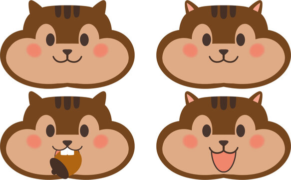 Cute chipmunk face set with various expressions including eating acorn and smiling vector illustration