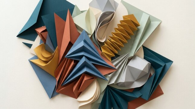Abstract paper sculpture with geometric folds, colorful origami art composition, modern paper craft design in blue and orange
