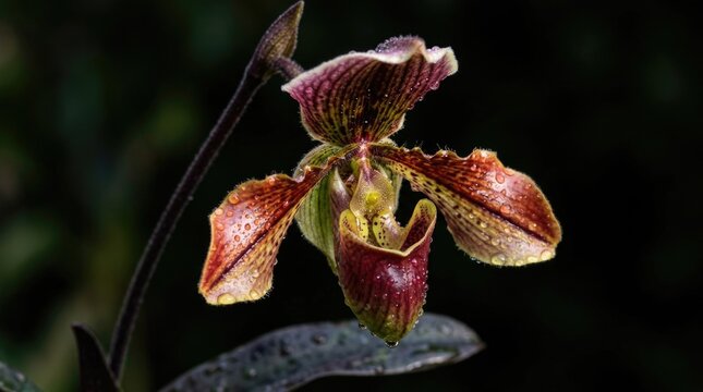 Exotic slipper orchid: burgundy bloom, water droplet, moist petal, wild flora, dark backdrop, rare specimen, natural beauty, rain shower, green stem, pristine environment.