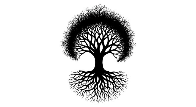 Tree silhouette with roots and branches on white background with silhouette extensive black tree illustration abstract graphic element nature
