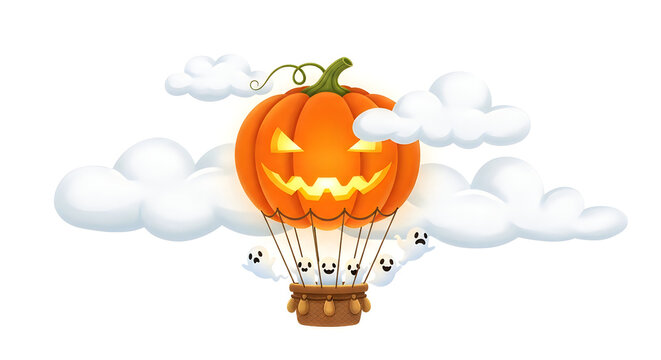 A spooky pumpkin hot air balloon floating in the sky for hallowen celebrations