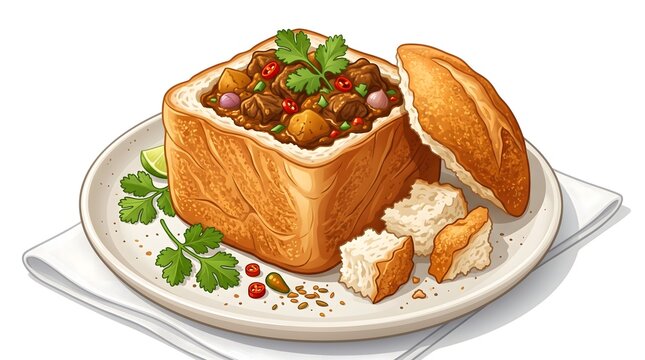 Gourmet Bread Bowl Filled with Hearty Stew on Plate for Culinary Presentation and Restaurant Menu Design