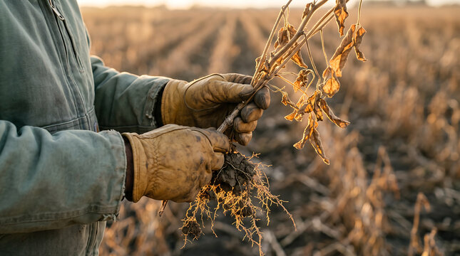 climate impact on agriculture. Farmer inspecting dried soybean plant roots in a harvested field, showcasing the impact of climate change on agriculture and crop yield