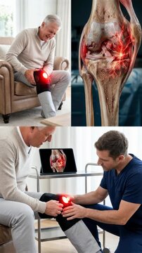 Joint therapy session: knee brace, medical consultation, senior patient, orthopedic treatment, red light.