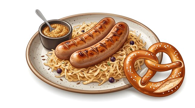 ** Traditional German Cuisine with Grilled Sausages on Sauerkraut and Pretzel on Rustic Plate for Authentic Culinary Experience