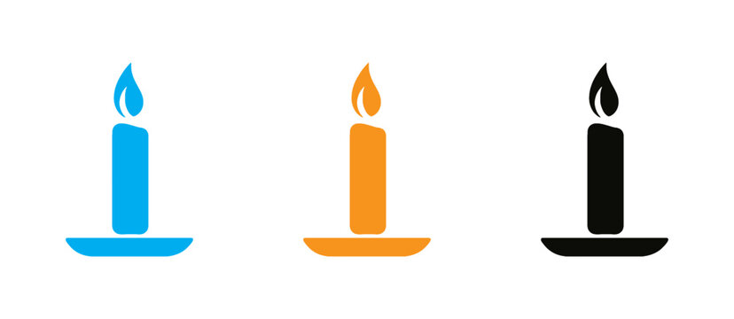 Burning Candle Icon on Holder Vector  Set - Flat Style Burning Wax Candle with Flame and Dish Base in Blue, Orange, and Black Colors for Spa, Aromatherapy, Relaxation, Light, Celebration .