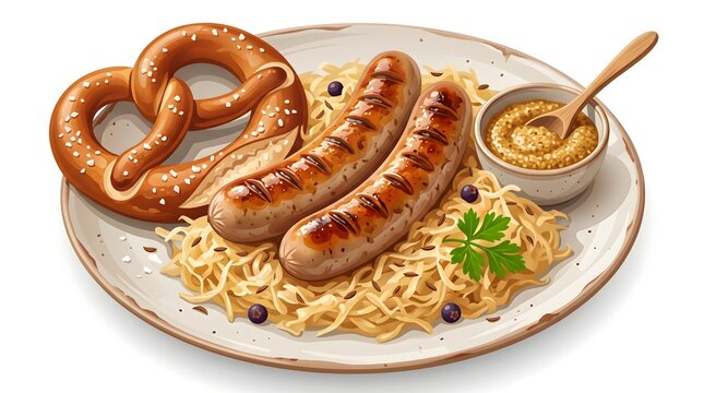 ** Traditional German Cuisine with Grilled Sausages, Pretzel, and Sauerkraut on Rustic Plate for Culinary Promotions