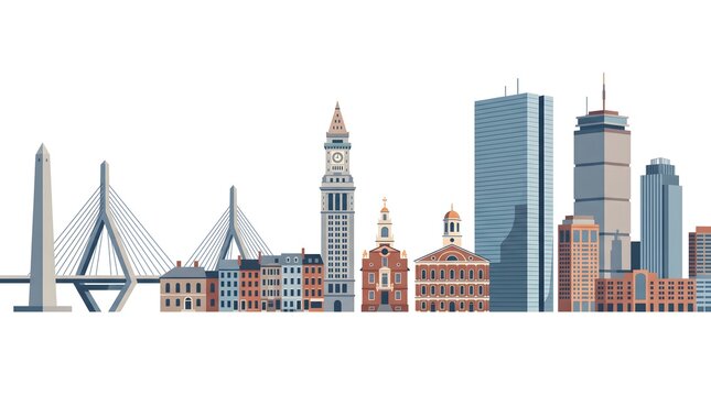 Iconic Boston Skyline Illustration Featuring Historic and Modern Architecture for Urban Design Projects