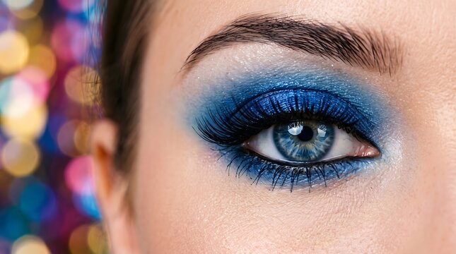 Close-Up of Woman's Eye with Vibrant Blue Makeup in Studio Lighting for Beauty and Fashion Advertising