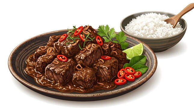 ** Delicious Braised Beef Stew with Rice Garnished with Fresh Herbs and Chili Peppers for Culinary Presentation