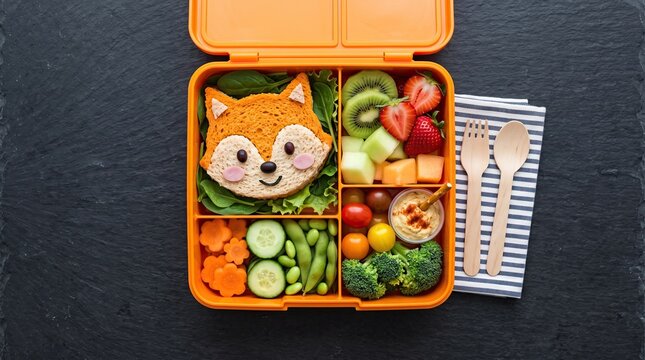 Healthy bento lunch box for kids featuring a cute fox shaped sandwich with fresh fruits and vegetables