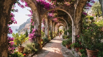 Fototapeta premium A sunlit arched corridor in a historic Mediterranean villa, adorned with vibrant bougainvillea and framed by lush greenery against a scenic mountain backdrop.
