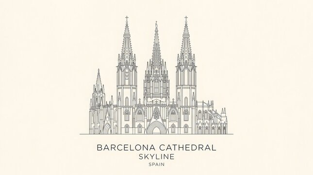 Detailed Architectural Illustration of Barcelona Cathedral Skyline for Travel and Design Projects