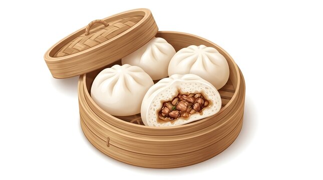 ** Steamed Pork Buns in Bamboo Basket for Traditional Asian Cuisine and Culinary Presentation