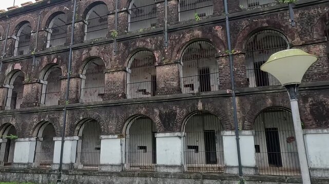 Cellular Jail Port Blair Andaman Stock Footage - Historic Colonial Prison Architecture with Grated Cells and Courtyard Garden
