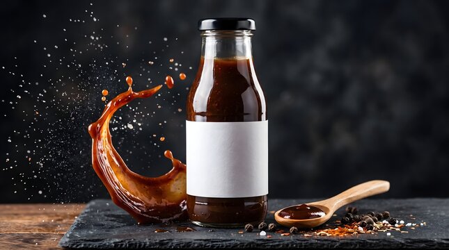 ** Bottle of Barbecue Sauce with Splash on Slate Stone Surface for Food Advertising and Culinary Design