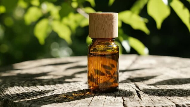 Amber glass bottle of essential oil on tree stump.