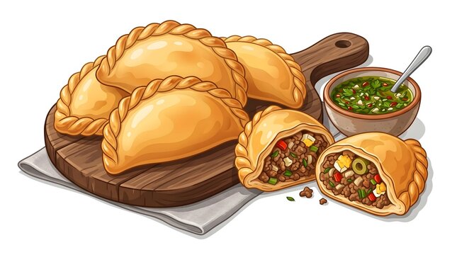 Delicious Baked Empanadas on Wooden Board with Chimichurri Sauce for Culinary Presentation and Recipe Design