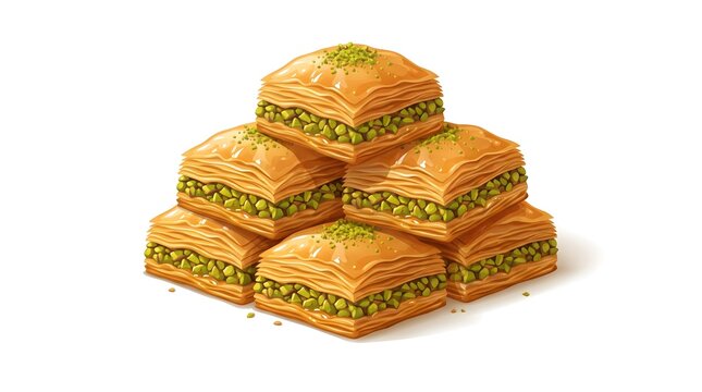 ** Delicious Stack of Traditional Pistachio Baklava on White Background for Culinary Art and Dessert Menu Design
