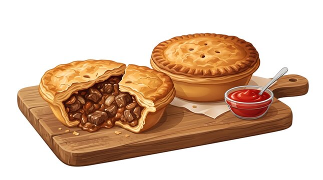Delicious Meat Pies on Wooden Board with Ketchup for Culinary Presentation and Food Advertising