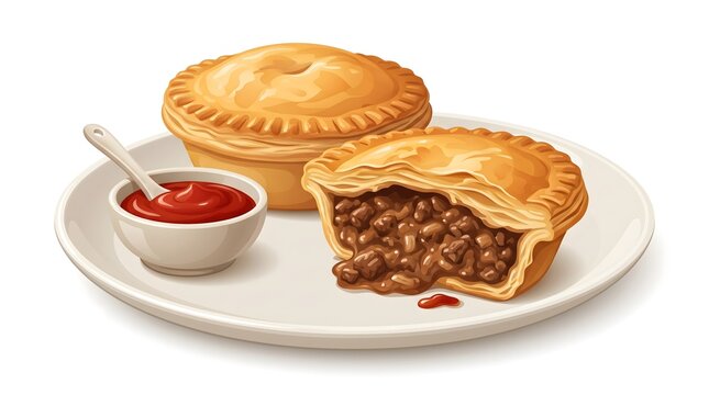 Delicious Meat Pies with Tomato Sauce on White Plate for Culinary Advertising and Menu Design