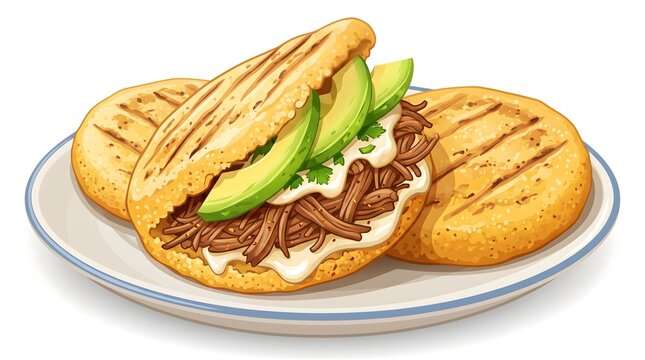 Delicious Grilled Arepas with Shredded Beef and Avocado on Plate for Authentic Latin American Cuisine