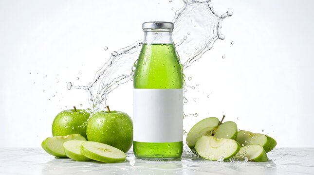 Fresh Green Apple Juice Bottle with Splash and Whole Apples for Refreshing Beverage Advertising