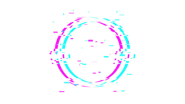 Abstract circular glitch shape with vibrant neon pink and cyan digital distortion and signal interference