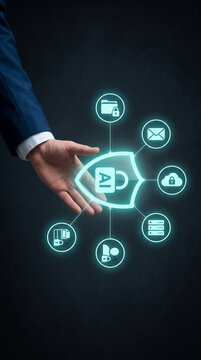 Hand extending with glowing icons of data, mail, cloud, server, and user, representing digital security and network protection, showcasing technology.