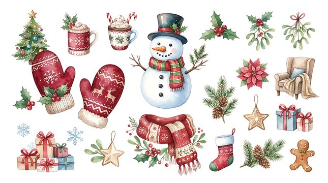 Watercolor christmas elements set isolated on white background