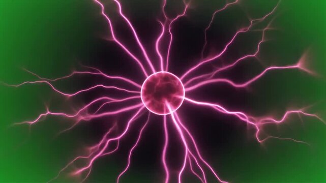 Vibrant purple plasma filaments radiate from a central glowing sphere against a dark.