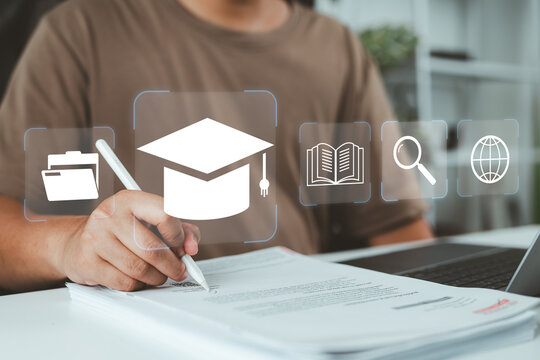 A person selecting digital education icons on a laptop, featuring an online learning platform, graduation cap symbol, study materials, research tools, and modern e-learning technology for development.